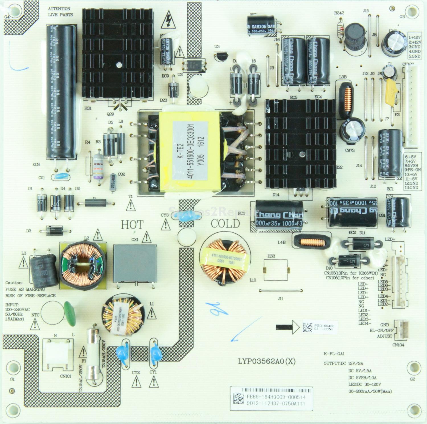 Philips 43PFT4001/05 - Power Supply - LYP03562A0 (X) - 4702-2PLOA1-AA133V01 - 465R1013SDJB - POQ160400 - 9012-112437-0750A111