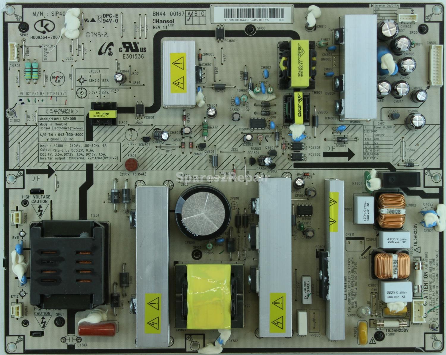 Samsung LE40R87BD - PSU - BN44-00167A REV 1.1 - HU09364-7007A - SIP400B